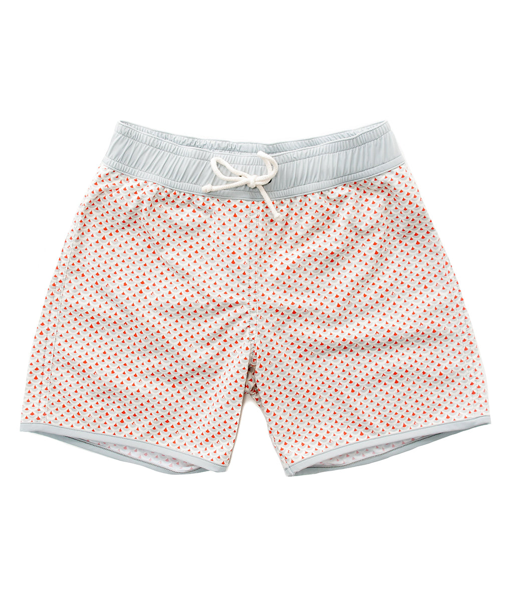 Swimshort Tommaso - Scales print in cloud grey and mandarinred